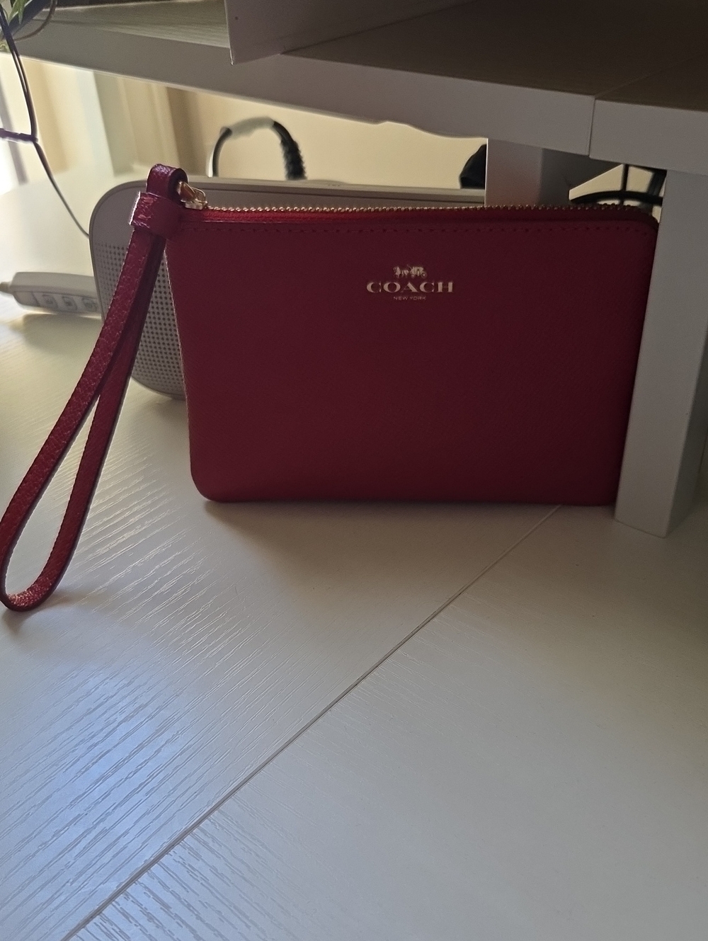 Coach Pink-Red Leather Wristlet Clutch with Gold Logo